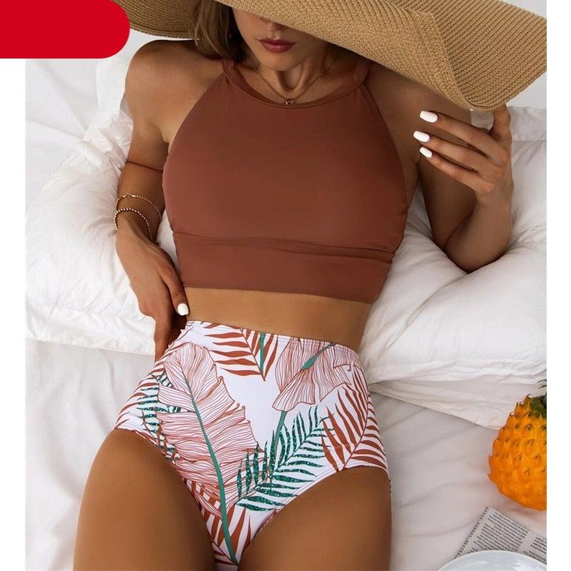 Brown Leaf Print High Waist Bikini Set 2 Piece Summer Padded Push Up High Waist Bikini Swimsuit Swimwear Swimsuit Women High Neck Two Pieces Swimwear Female Sports Bathing Suit Stevvex