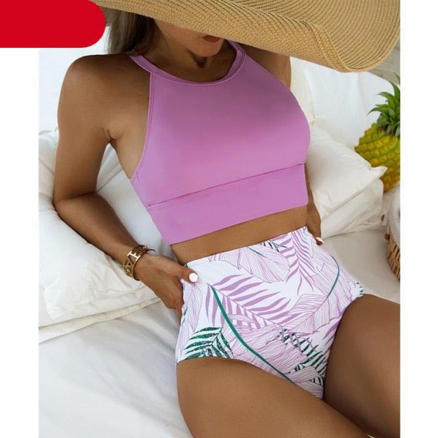 Brown Leaf Print High Waist Bikini Set 2 Piece Summer Padded Push Up High Waist Bikini Swimsuit Swimwear Swimsuit Women High Neck Two Pieces Swimwear Female Sports Bathing Suit Stevvex