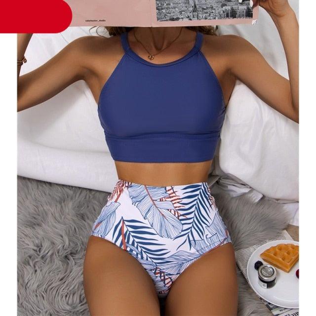 Brown Leaf Print High Waist Bikini Set 2 Piece Summer Padded Push Up High Waist Bikini Swimsuit Swimwear Swimsuit Women High Neck Two Pieces Swimwear Female Sports Bathing Suit Stevvex
