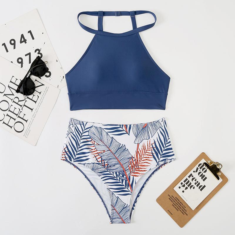 Brown Leaf Print High Waist Bikini Set 2 Piece Summer Padded Push Up High Waist Bikini Swimsuit Swimwear Swimsuit Women High Neck Two Pieces Swimwear Female Sports Bathing Suit Stevvex