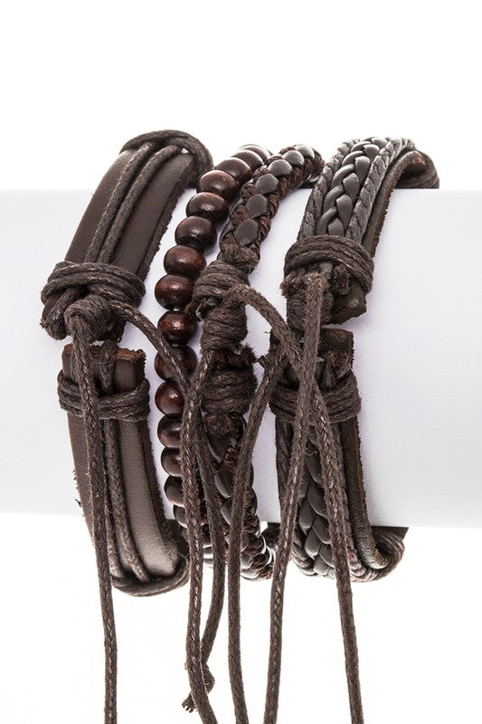 Brown Leather Infinity Bead Bracelet Set For Men Women