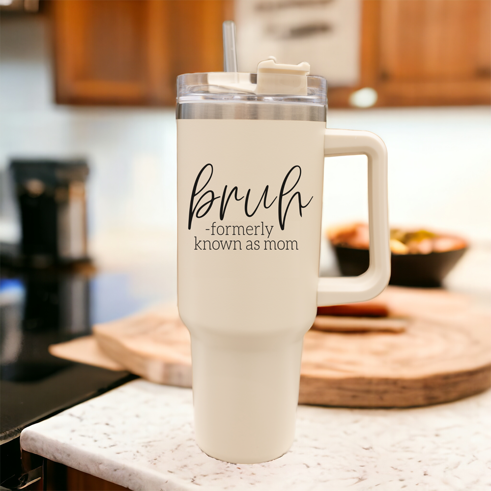 Bruh Mom 40oz Tumbler With Handle Lid Straw Insulated Travel Cup BPA Free BandsCo Straps