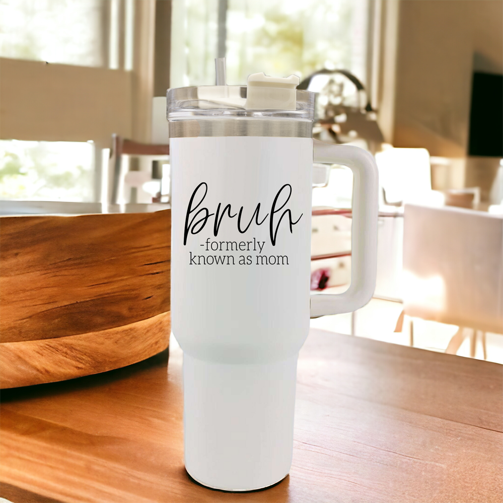 Bruh Mom 40oz Tumbler With Handle Lid Straw Insulated Travel Cup BPA Free BandsCo Straps