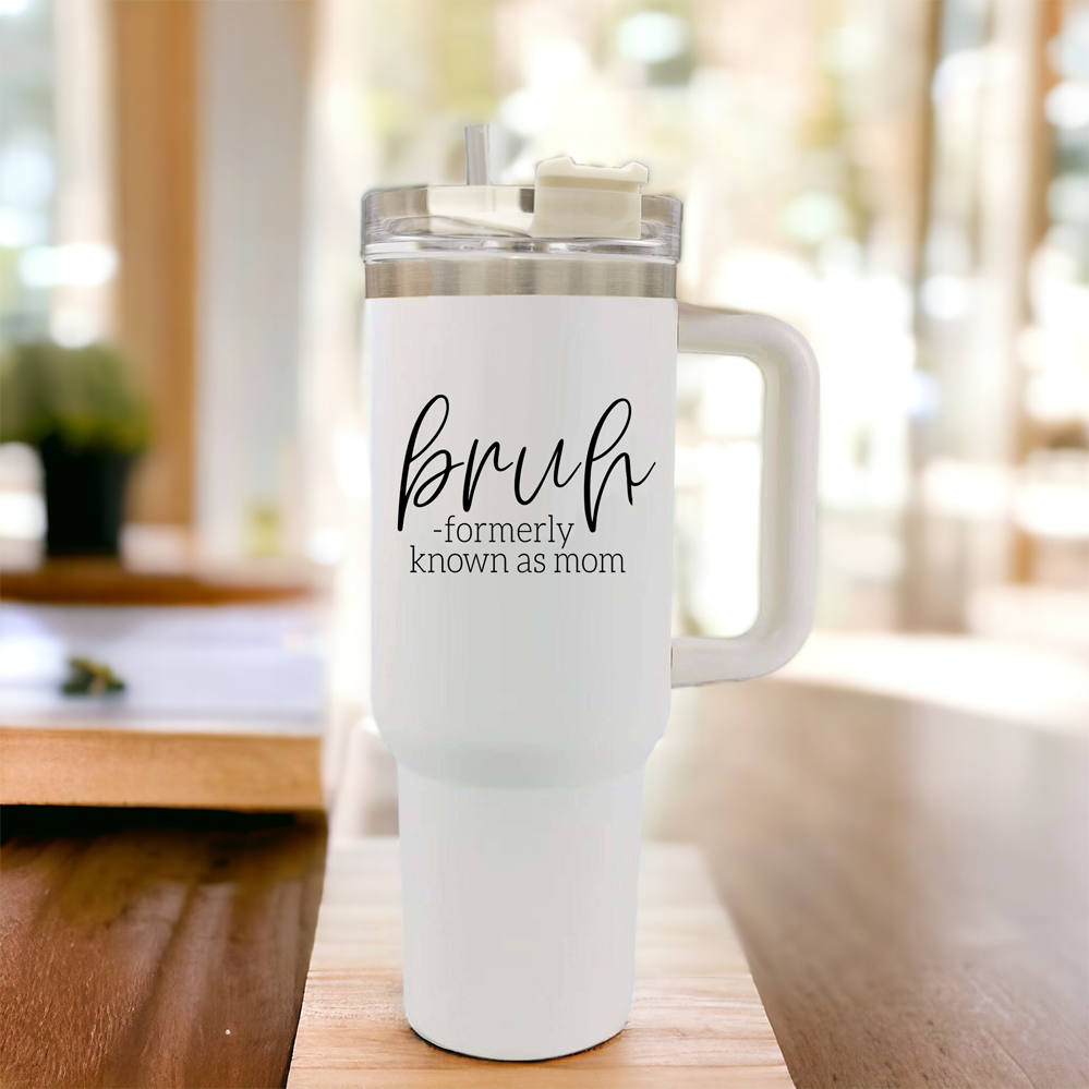 Bruh Mom 40oz Tumbler With Handle Lid Straw Insulated Travel Cup BPA Free BandsCo Straps