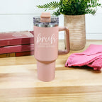 40oz Pink Insulated Tumbler With Handle, Lid and Straw, Funny Bruh Mom Cup BandsCo Straps