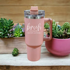 40oz Pink Insulated Tumbler With Handle, Lid and Straw, Funny Bruh Mom Cup BandsCo Straps
