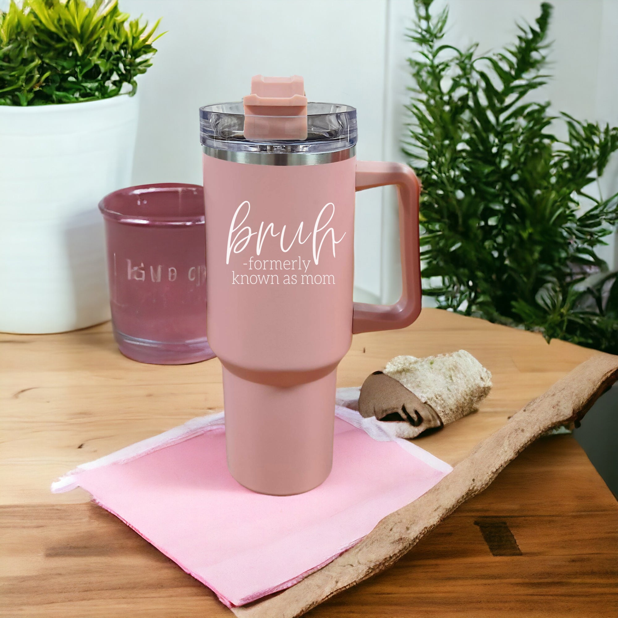 40oz Pink Insulated Tumbler With Handle, Lid and Straw, Funny Bruh Mom Cup BandsCo Straps