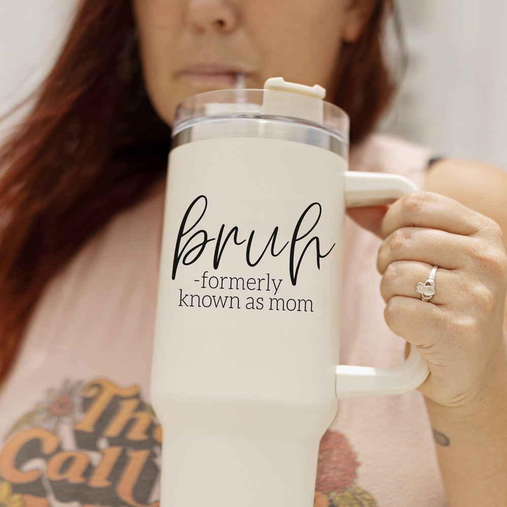 Bruh Mom 40oz Tumbler With Handle Lid Straw Insulated Travel Cup BPA Free BandsCo Straps