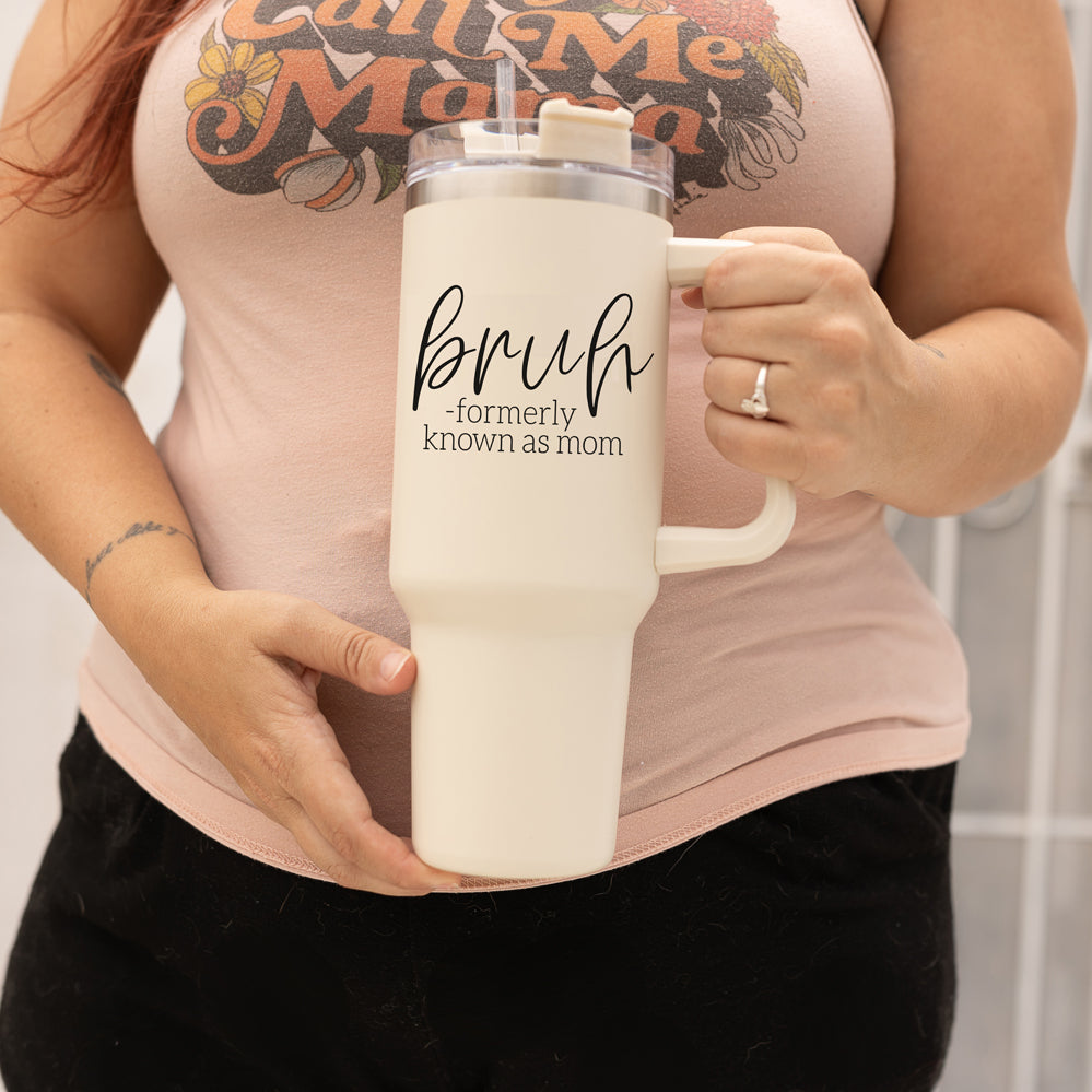 Bruh Mom 40oz Tumbler With Handle Lid Straw Insulated Travel Cup BPA Free BandsCo Straps