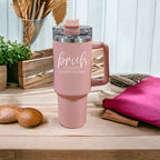 40oz Pink Insulated Tumbler With Handle, Lid and Straw, Funny Bruh Mom Cup BandsCo Straps