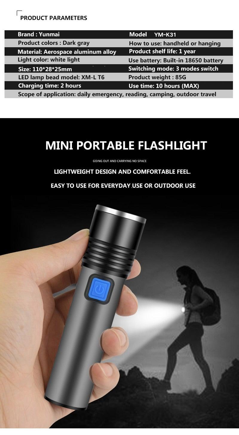 Built in battery XP-G Q5 Zoom Focus Mini led Flashlight Torch Lamp Lantern 2000 Lumen Adjustable Penlight Waterproof T6 light  Focus IP65 Water-Resistant Portable for Indoor and Outdoor Camping Hiking Stevvex