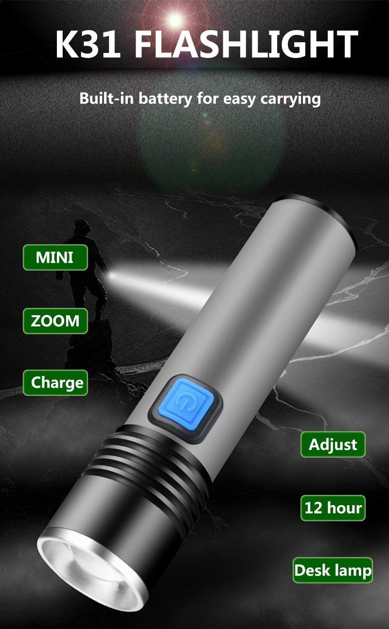 Built in battery XP-G Q5 Zoom Focus Mini led Flashlight Torch Lamp Lantern 2000 Lumen Adjustable Penlight Waterproof T6 light  Focus IP65 Water-Resistant Portable for Indoor and Outdoor Camping Hiking Stevvex