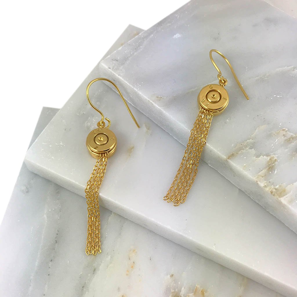 Bullet Tassel Earrings Recycled Brass Gold Plated Chains 2.25in Handmade BandsCo Straps
