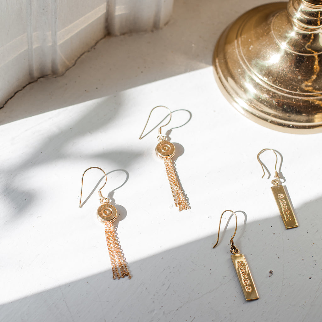 Bullet Tassel Earrings Recycled Brass Gold Plated Chains 2.25in Handmade BandsCo Straps