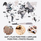Bundle: Colored Map, Photo Frames, Flags and Airplanes Pins Enjoy The Wood