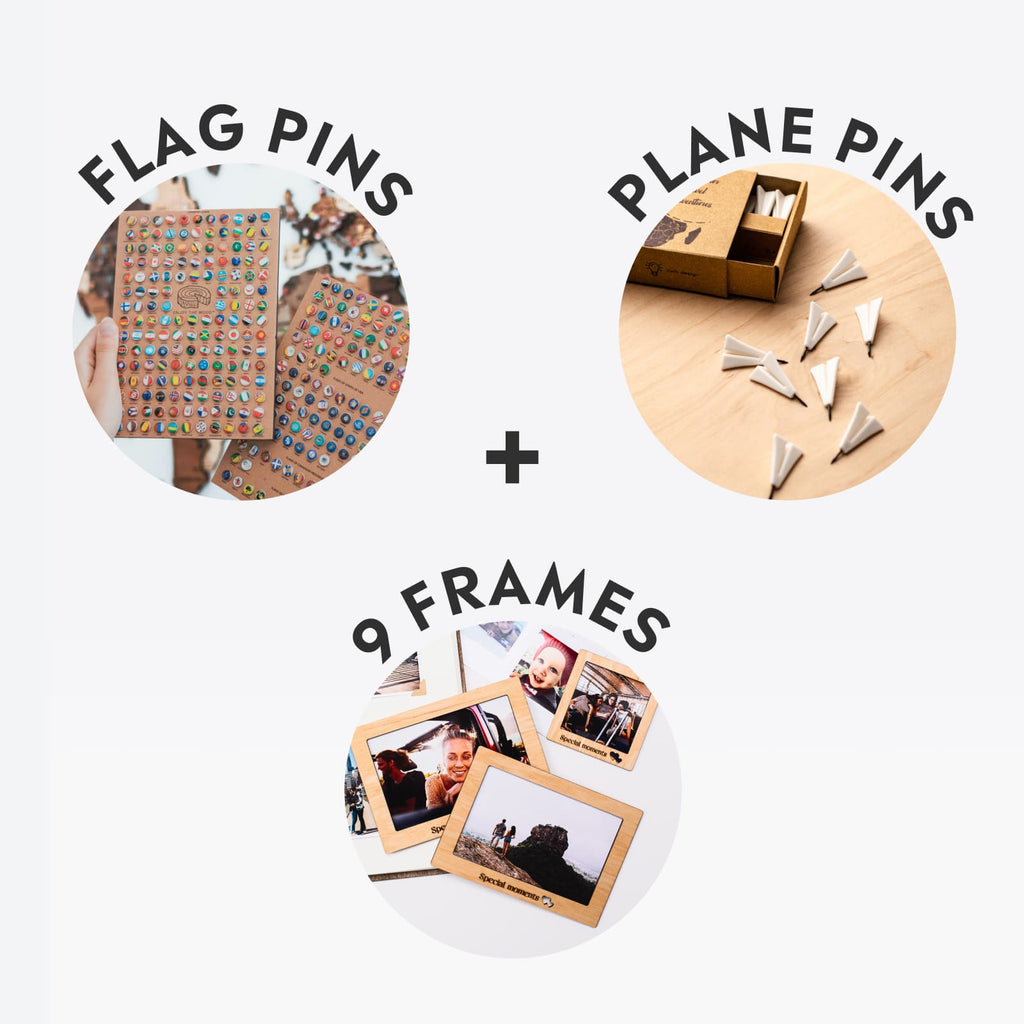 Bundle: 9 Photo Frames, Flags and Airplanes Pins Enjoy The Wood
