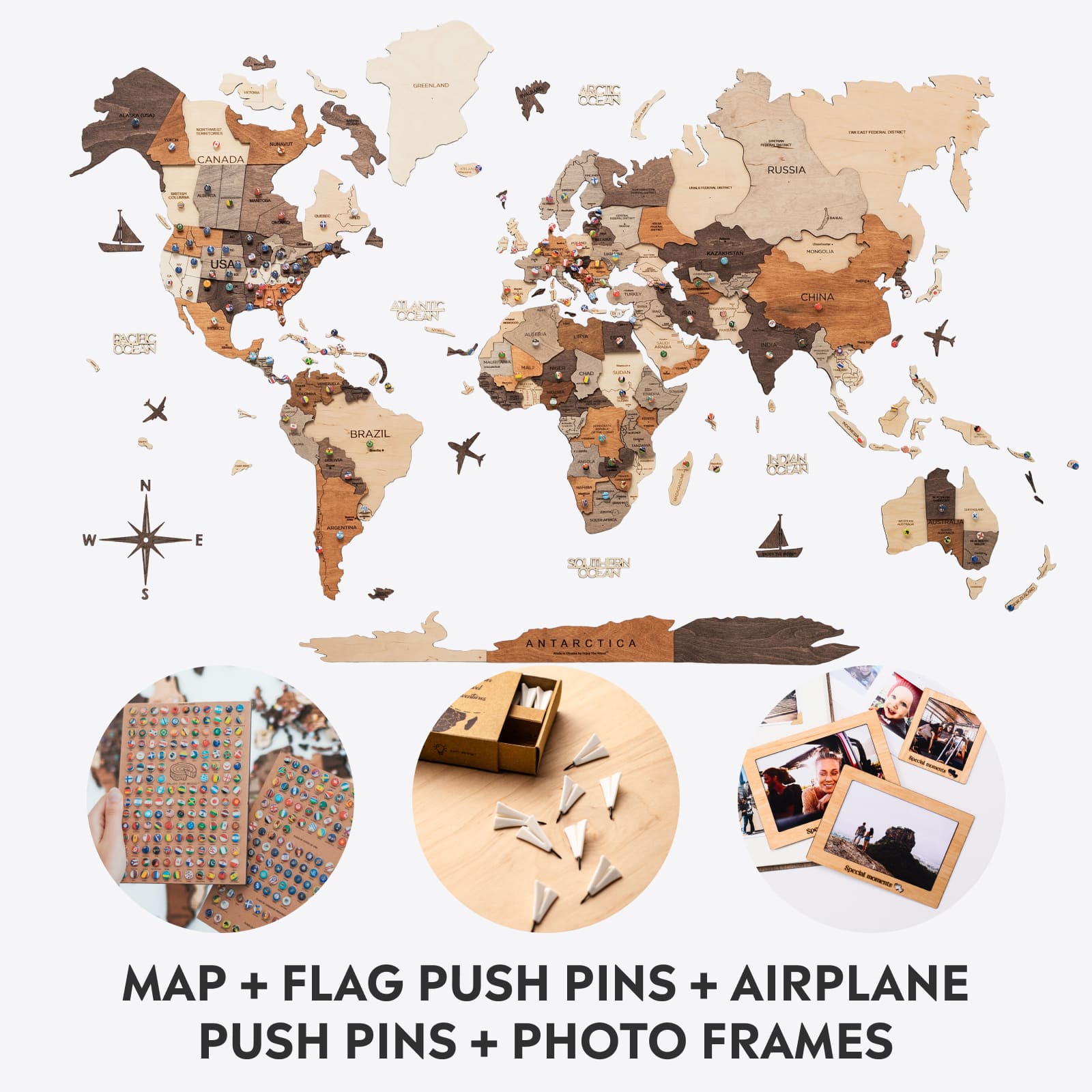 Bundle: Map, Photo Frames, Flags and Airplanes Pins Enjoy The Wood