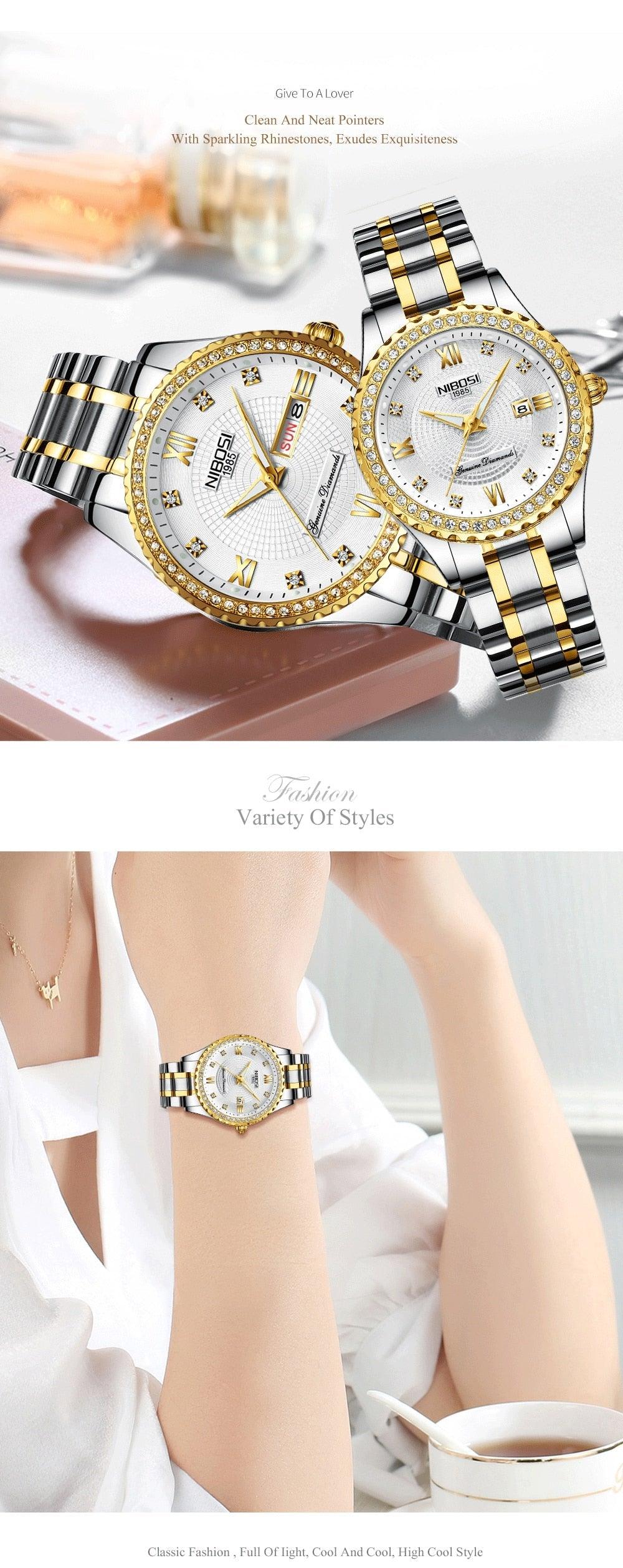 Business Black Couple Watches Top Luxury Mens Watches Auto Date Quartz Wristwatch Gold Watch Men Diamond Stainless Steel Waterproof Luminous Business Casual Luxury Watch For Men Stevvex