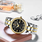 Business Black Couple Watches Top Luxury Mens Watches Auto Date Quartz Wristwatch Gold Watch Men Diamond Stainless Steel Waterproof Luminous Business Casual Luxury Watch For Men Stevvex