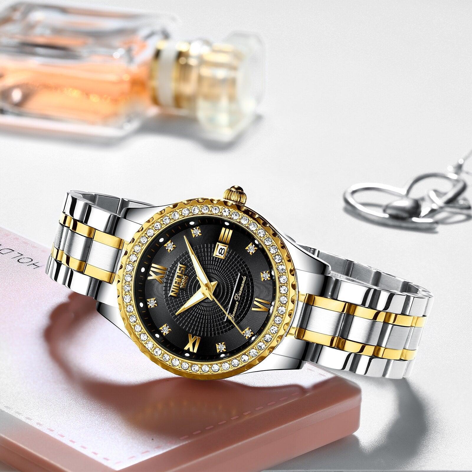 Business Black Couple Watches Top Luxury Mens Watches Auto Date Quartz Wristwatch Gold Watch Men Diamond Stainless Steel Waterproof Luminous Business Casual Luxury Watch For Men Stevvex