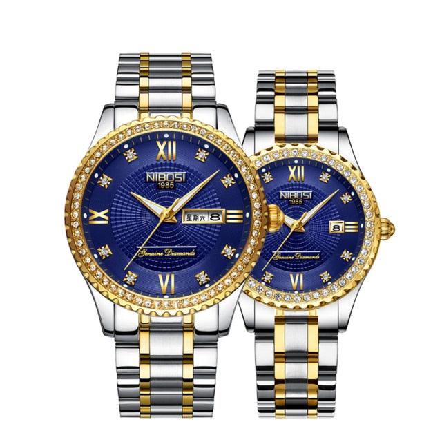 Business Black Couple Watches Top Luxury Mens Watches Auto Date Quartz Wristwatch Gold Watch Men Diamond Stainless Steel Waterproof Luminous Business Casual Luxury Watch For Men Stevvex