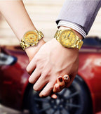 Business Black Couple Watches Top Luxury Mens Watches Auto Date Quartz Wristwatch Gold Watch Men Diamond Stainless Steel Waterproof Luminous Business Casual Luxury Watch For Men Stevvex