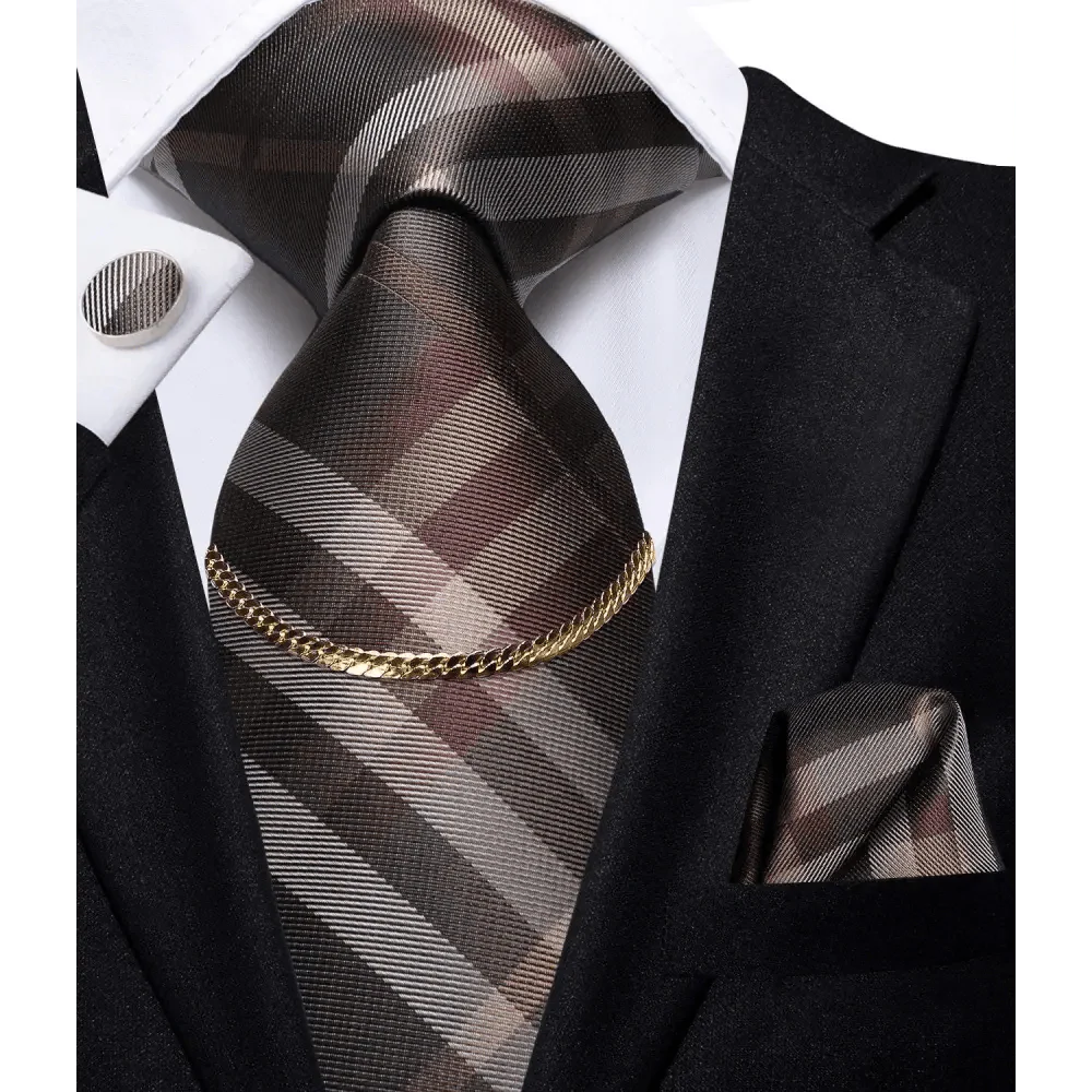 Business Black Silk Necktie Chain Classic Tie Square Handkerchief Elegant Cufflink Wedding Formal Neckties For Men Stevvex
