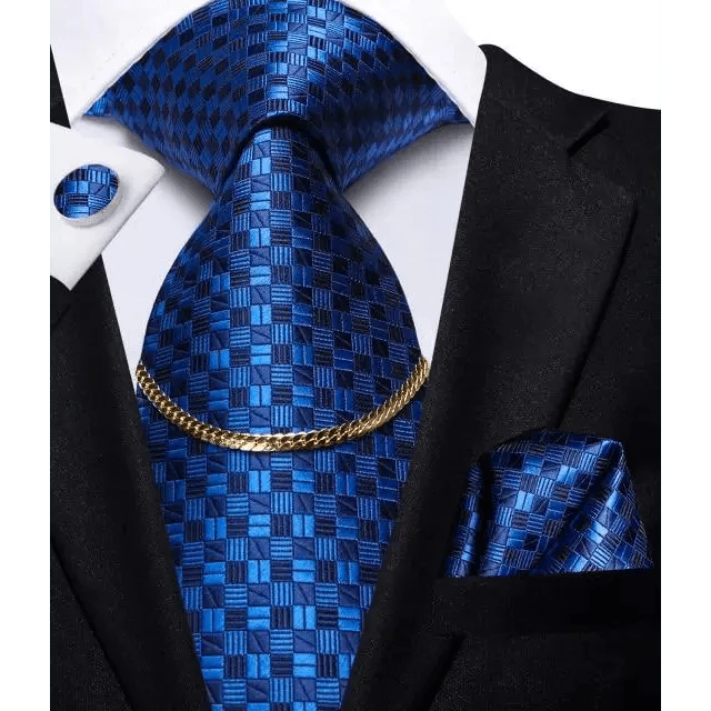 Business Black Silk Necktie Chain Classic Tie Square Handkerchief Elegant Cufflink Wedding Formal Neckties For Men Stevvex