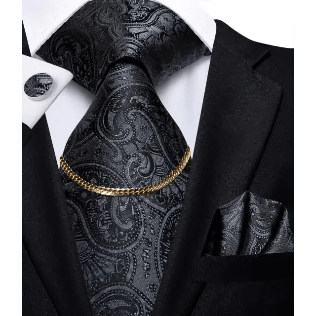 Business Black Silk Necktie Chain Classic Tie Square Handkerchief Elegant Cufflink Wedding Formal Neckties For Men Stevvex