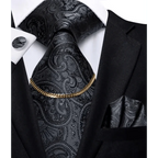 Business Black Silk Necktie Chain Classic Tie Square Handkerchief Elegant Cufflink Wedding Formal Neckties For Men Stevvex