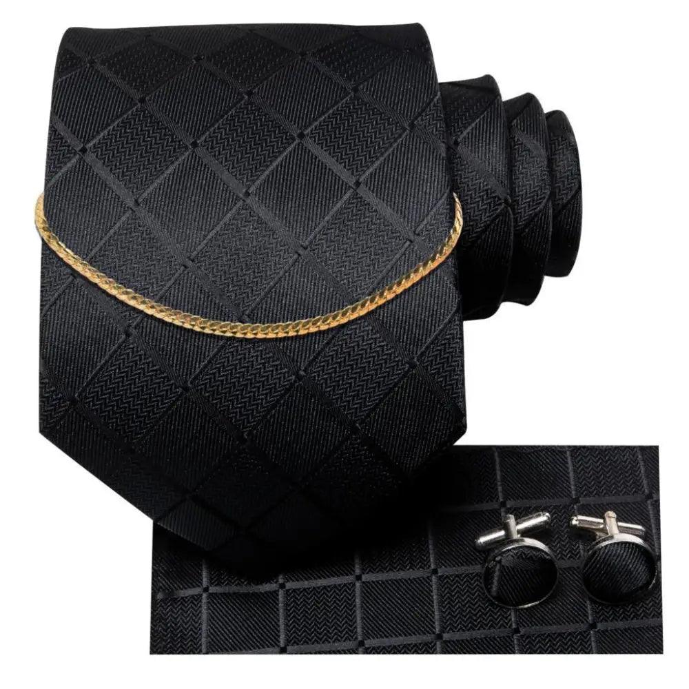 Business Black Silk Necktie Chain Classic Tie Square Handkerchief Elegant Cufflink Wedding Formal Neckties For Men Stevvex