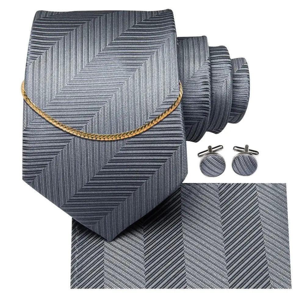 Business Black Silk Necktie Chain Classic Tie Square Handkerchief Elegant Cufflink Wedding Formal Neckties For Men Stevvex
