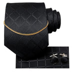 Business Black Silk Necktie Chain Classic Tie Square Handkerchief Elegant Cufflink Wedding Formal Neckties For Men Stevvex