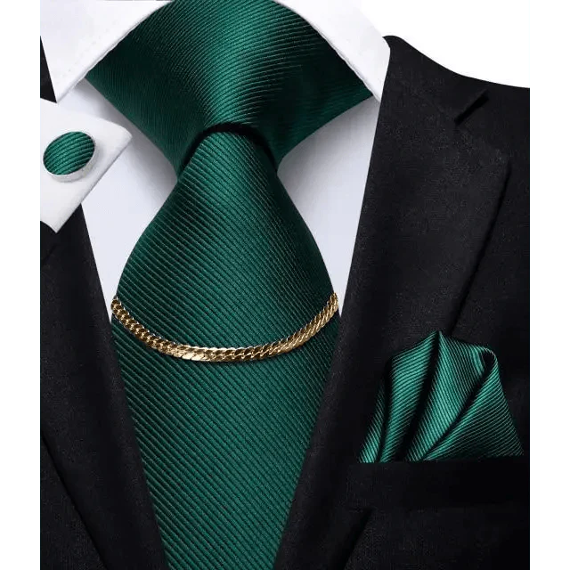 Business Black Silk Necktie Chain Classic Tie Square Handkerchief Elegant Cufflink Wedding Formal Neckties For Men Stevvex