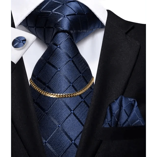 Business Black Silk Necktie Chain Classic Tie Square Handkerchief Elegant Cufflink Wedding Formal Neckties For Men Stevvex