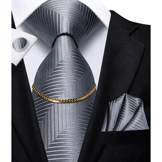 Business Black Silk Necktie Chain Classic Tie Square Handkerchief Elegant Cufflink Wedding Formal Neckties For Men Stevvex