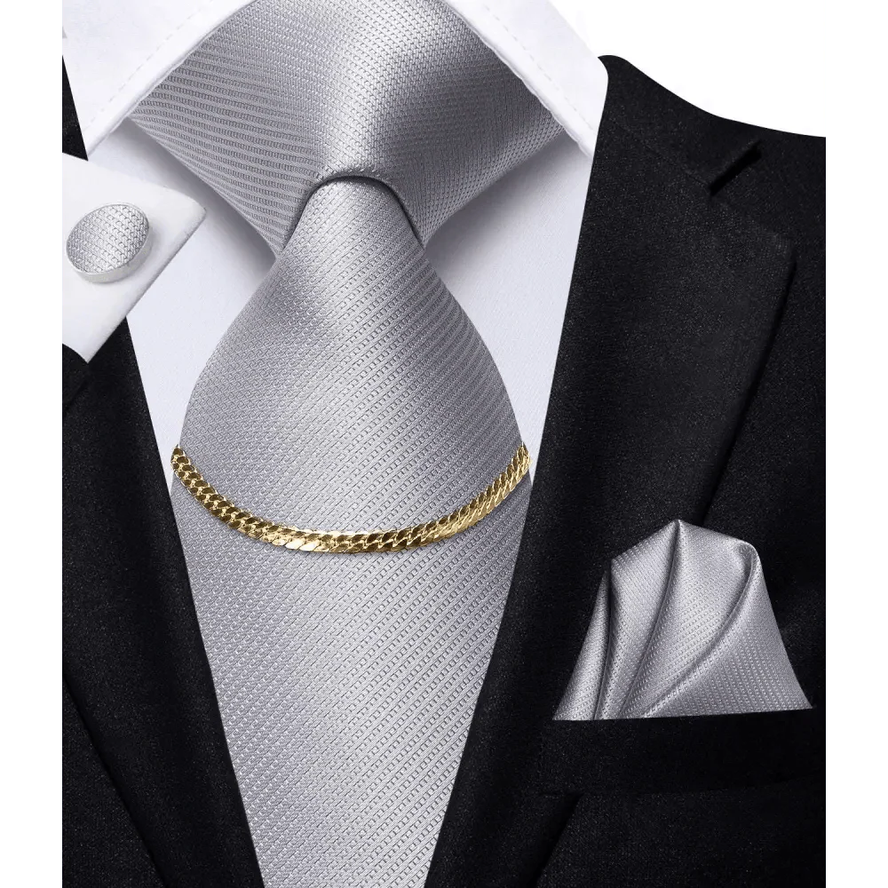 Business Black Silk Necktie Chain Classic Tie Square Handkerchief Elegant Cufflink Wedding Formal Neckties For Men Stevvex