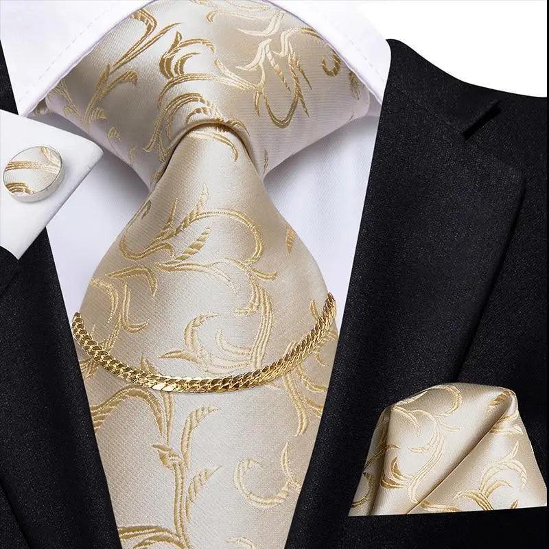 Business Black Silk Necktie Chain Classic Tie Square Handkerchief Elegant Cufflink Wedding Formal Neckties For Men Stevvex