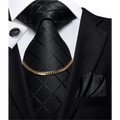 Business Black Silk Necktie Chain Classic Tie Square Handkerchief Elegant Cufflink Wedding Formal Neckties For Men Stevvex