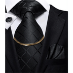 Business Black Silk Necktie Chain Classic Tie Square Handkerchief Elegant Cufflink Wedding Formal Neckties For Men Stevvex