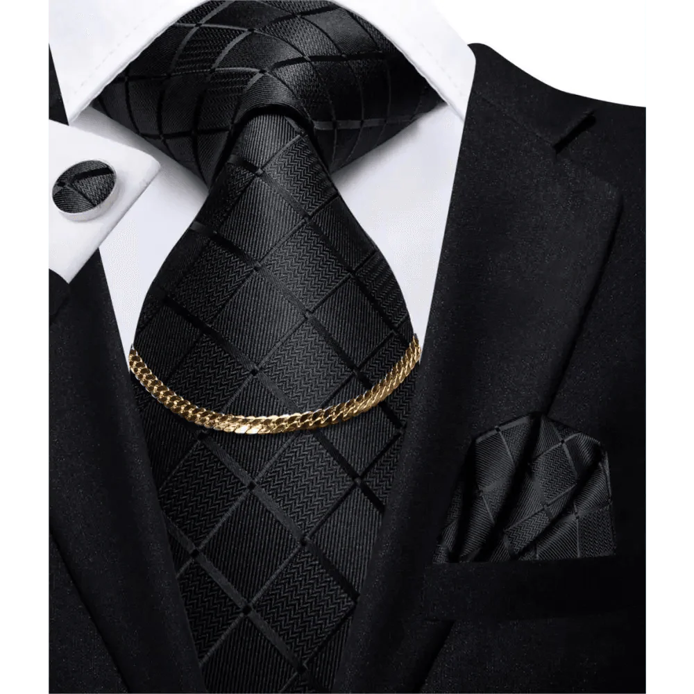 Business Black Silk Necktie Chain Classic Tie Square Handkerchief Elegant Cufflink Wedding Formal Neckties For Men Stevvex