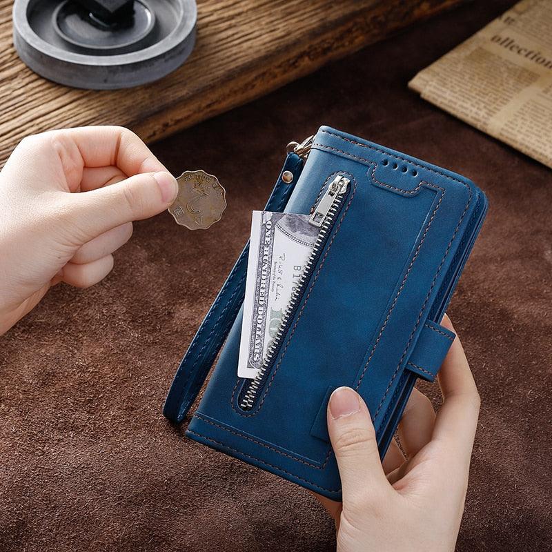 Business Blue New Cards Flip Leather Case For iPhone 14 13 12 11 Pro Max 10 X 6 6s 7 8 Plus XR XS Max Multifunctional Wallet Phone Case  Multi-Card Wallet Leather iphone Case Stevvex