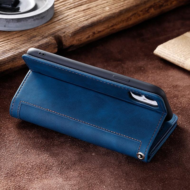 Business Blue New Cards Flip Leather Case For iPhone 14 13 12 11 Pro Max 10 X 6 6s 7 8 Plus XR XS Max Multifunctional Wallet Phone Case  Multi-Card Wallet Leather iphone Case Stevvex