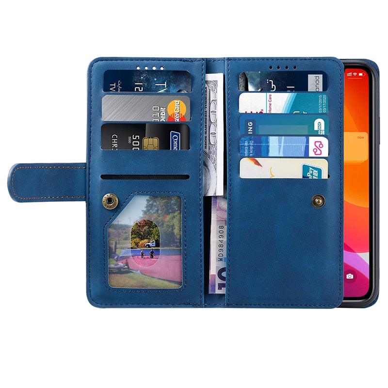 Business Blue New Cards Flip Leather Case For iPhone 14 13 12 11 Pro Max 10 X 6 6s 7 8 Plus XR XS Max Multifunctional Wallet Phone Case  Multi-Card Wallet Leather iphone Case Stevvex