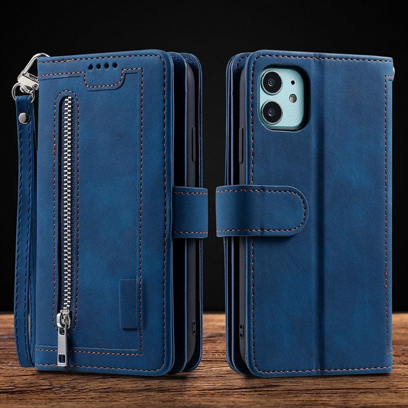 Business Blue New Cards Flip Leather Case For iPhone 14 13 12 11 Pro Max 10 X 6 6s 7 8 Plus XR XS Max Multifunctional Wallet Phone Case  Multi-Card Wallet Leather iphone Case Stevvex