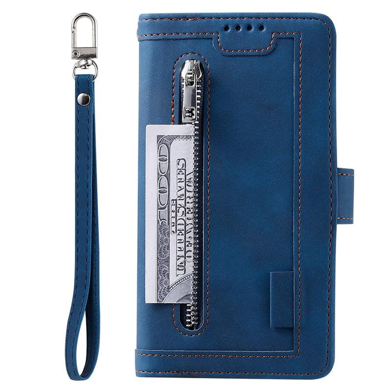 Business Blue New Cards Flip Leather Case For iPhone 14 13 12 11 Pro Max 10 X 6 6s 7 8 Plus XR XS Max Multifunctional Wallet Phone Case  Multi-Card Wallet Leather iphone Case Stevvex