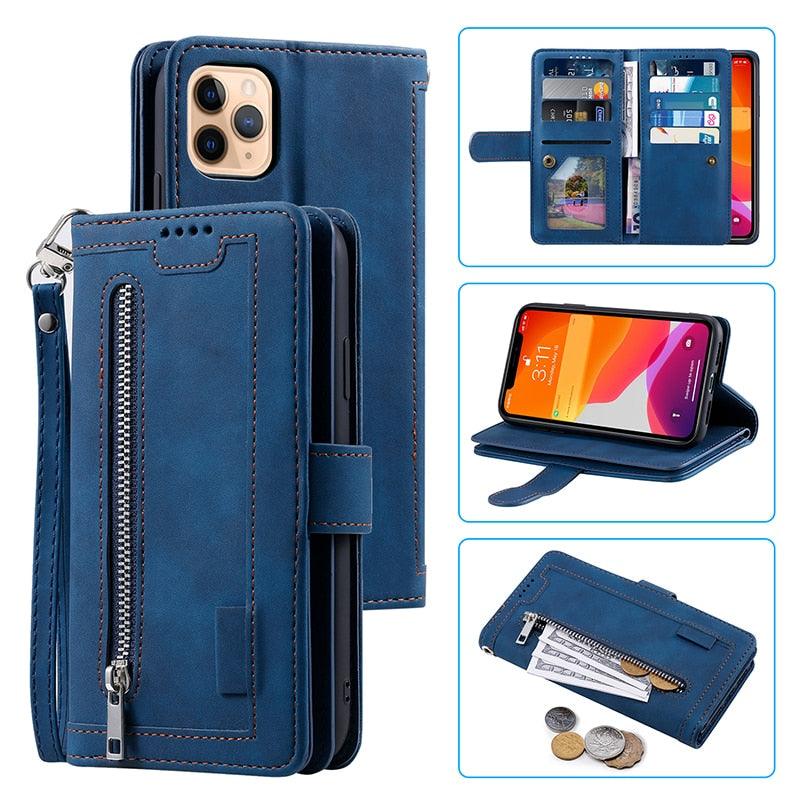 Business Blue New Cards Flip Leather Case For iPhone 14 13 12 11 Pro Max 10 X 6 6s 7 8 Plus XR XS Max Multifunctional Wallet Phone Case  Multi-Card Wallet Leather iphone Case Stevvex