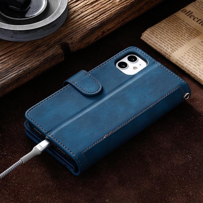 Business Blue New Cards Flip Leather Case For iPhone 14 13 12 11 Pro Max 10 X 6 6s 7 8 Plus XR XS Max Multifunctional Wallet Phone Case  Multi-Card Wallet Leather iphone Case Stevvex