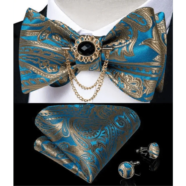 Business Elegant Gold Black Pattern Elegant Wedding Silk Bowtie Men Butterfly Fashion Bow Ties Pocket Square Classic Business Tuxedo Wedding Bowties Handkerchief Set Stevvex