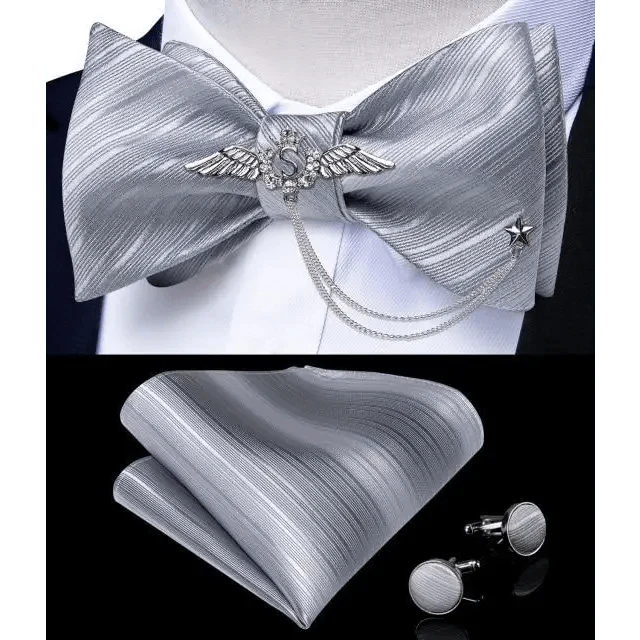 Business Elegant Gold Black Pattern Elegant Wedding Silk Bowtie Men Butterfly Fashion Bow Ties Pocket Square Classic Business Tuxedo Wedding Bowties Handkerchief Set Stevvex